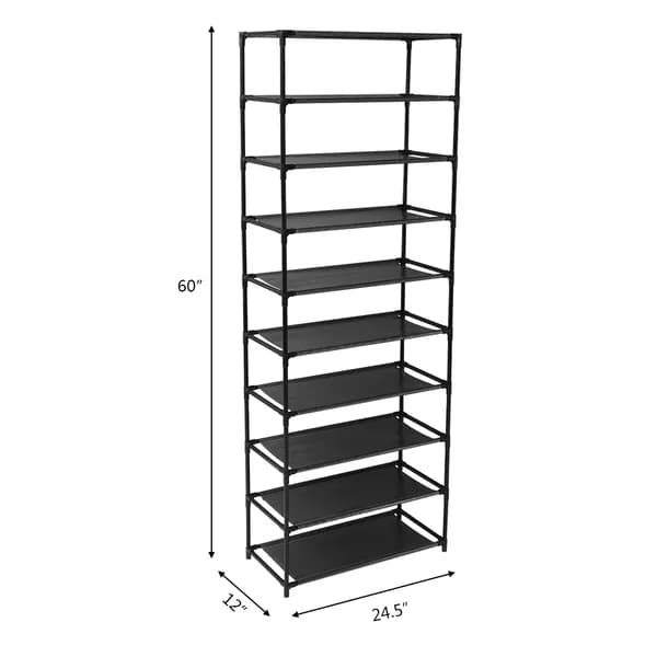 Front view: 10-Tier Shoe Rack, Black Fabric and Steel for home organizers and home decor from Sesoris