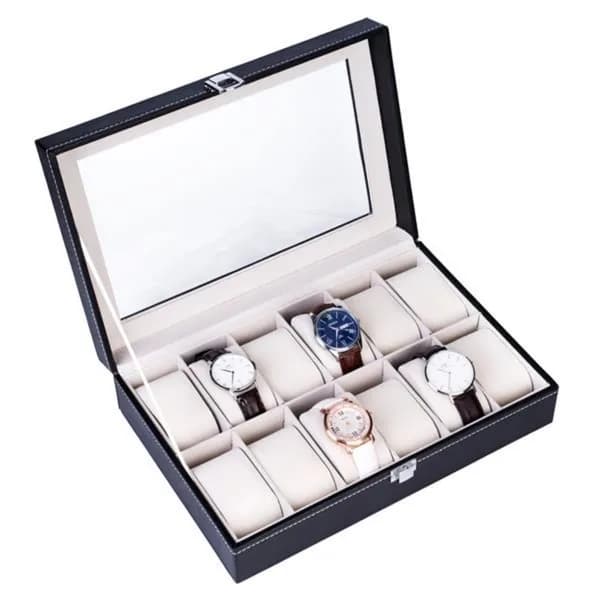Product detail: 12-Slot Watch Box with Clear Lid, Black for organizer bags, storage pouches, and travel bags from Sesoris