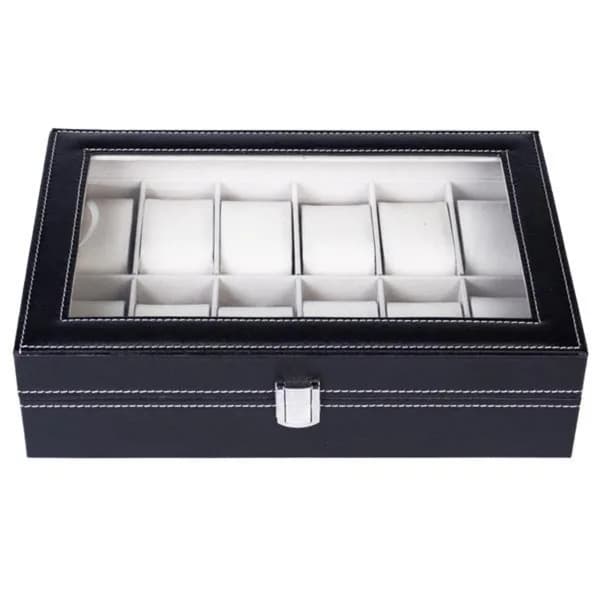In-use view: 12-Slot Watch Box with Clear Lid, Black for organizer bags, storage pouches, and travel bags from Sesoris