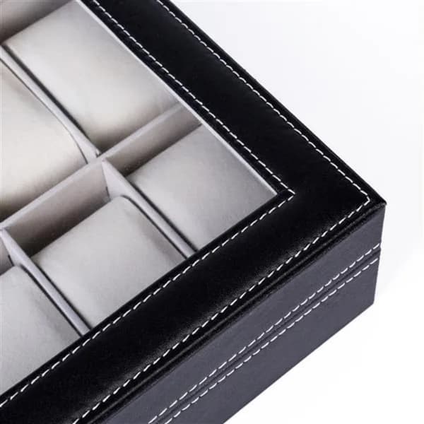 Front view: 12-Slot Watch Box with Clear Lid, Black for organizer bags, storage pouches, and travel bags from Sesoris