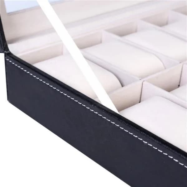 Material detail: 12-Slot Watch Box with Clear Lid, Black for organizer bags, storage pouches, and travel bags from Sesoris