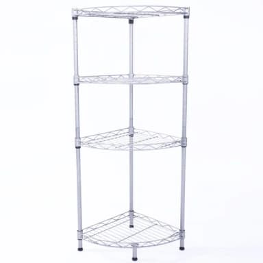 Silver 4-tier quarter-round wire corner shelf, empty, on a white background