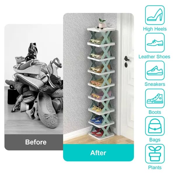Front view: 9-Tier Narrow Shoe Rack, White and Mint for home organizers and home decor from Sesoris
