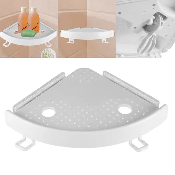 In-use view: Adhesive Corner Shower Shelf with 2 Hooks, White for home organizers and home decor from Sesoris