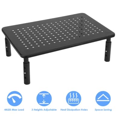 Black perforated monitor riser with four legs, above icons for 44 lbs max load, 3 heights, heat dissipation holes, and space saving