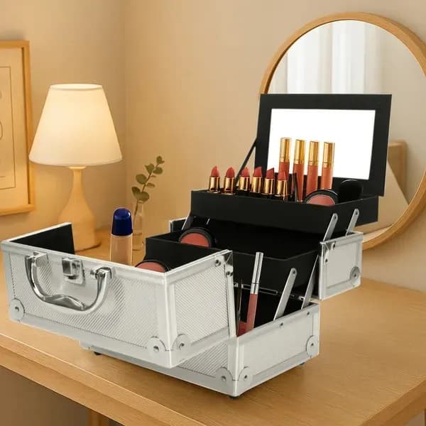 In-use view: Aluminum Makeup Train Case with Mirror for organizer bags, storage pouches, and travel bags from Sesoris