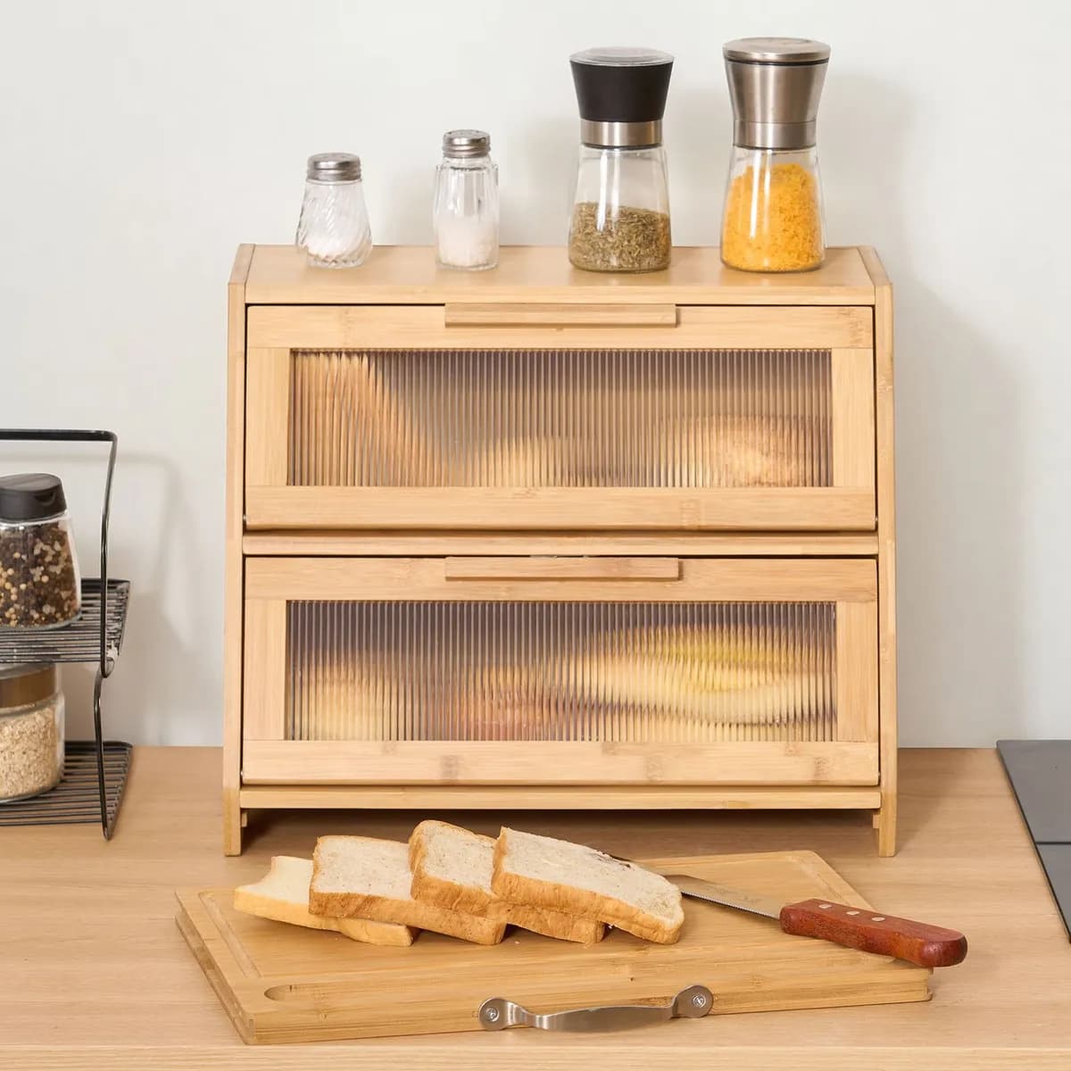 Product detail: Double-Layer Bamboo Bread Box for kitchen essentials and kitchen storage from Sesoris