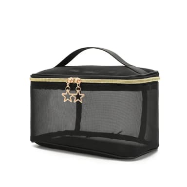 Black mesh makeup bag with a top handle and a gold-tone zipper with two star-shaped pulls, on a white background