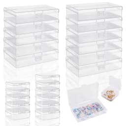 Stacks of clear rectangular and square plastic boxes, one open with beads and one with earrings