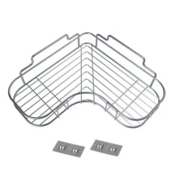 Silver stainless steel corner shelf with two adhesive mounting plates, on a white background