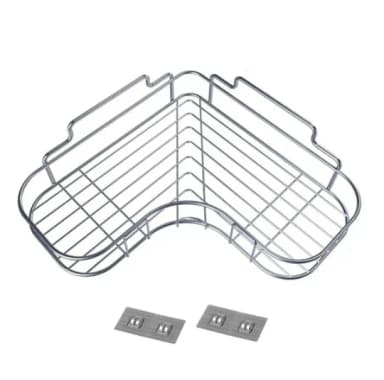 Silver stainless steel corner shelf with two adhesive mounting plates, on a white background
