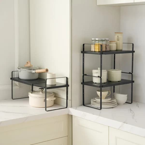 Product detail: Expandable Stacking Cabinet Shelves, Set of 2, Black for kitchen essentials and kitchen storage from Sesoris