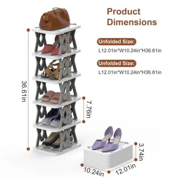 Product detail: 6-Tier Foldable Narrow Shoe Rack, White and Gray for home organizers and home decor from Sesoris