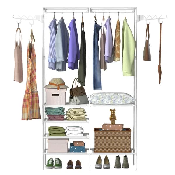 In-use view: Freestanding Garment Rack with Shelves and Side Hooks, White for home organizers and home decor from Sesoris