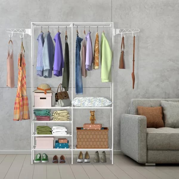 Front view: Freestanding Garment Rack with Shelves and Side Hooks, White for home organizers and home decor from Sesoris
