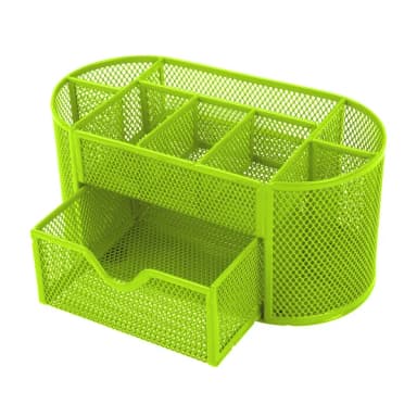 Empty lime green metal mesh desk organizer with its front drawer pulled out