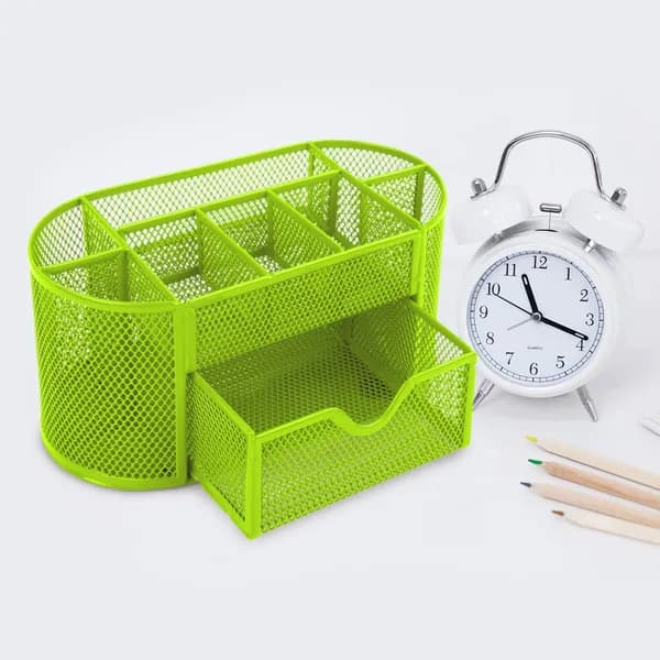 Product detail: Mesh Desk Organizer with Drawer, 9 Compartments, Green for home organizers and home decor from Sesoris