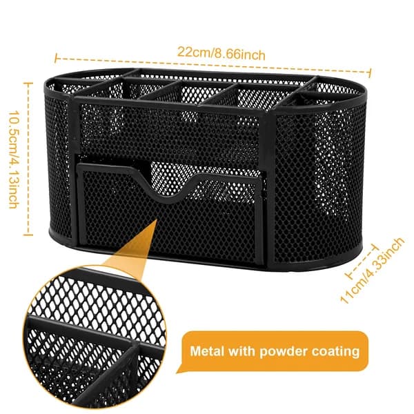 Front view: Mesh Desk Organizer with Drawer, 9 Compartments, Green for home organizers and home decor from Sesoris
