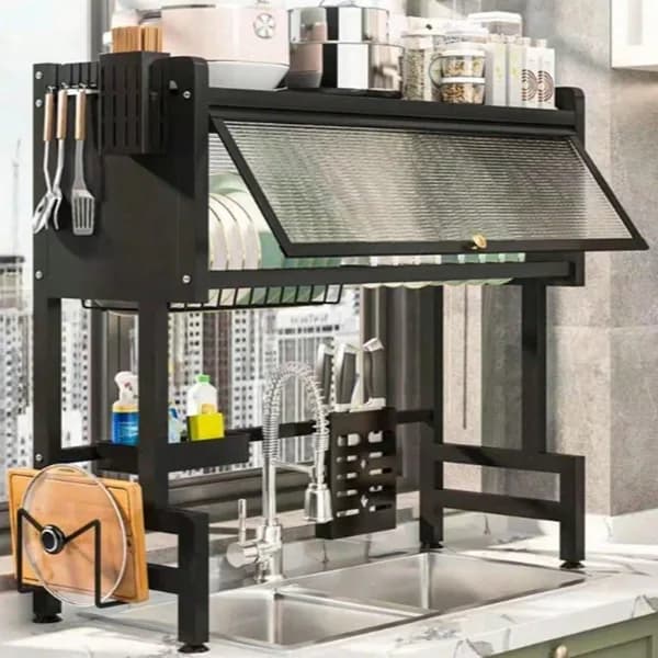 Product detail: Over-the-Sink Dish Rack with Covered Top Tier, 25.6 in. for kitchen essentials and kitchen storage from Sesoris