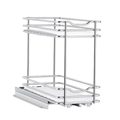 Empty 2-tier chrome pull-out rack with white shelf liners on its slide base, on a white background