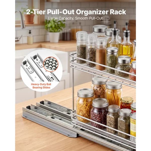 In-use view: Pull-Out Spice Rack, 2 Tiers, 4.33 in. Wide for kitchen essentials and kitchen storage from Sesoris