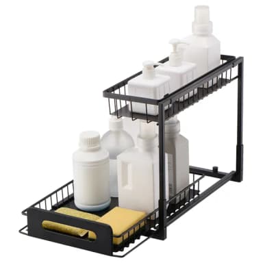 Black two-tier organizer on a white background with the lower basket pulled out, holding white bottles and sponges