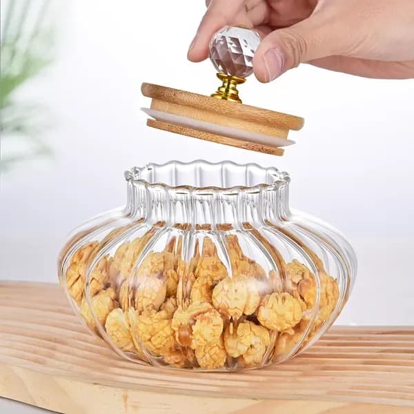 In-use view: Ribbed Glass Storage Jar with Wooden Lid for kitchen essentials and kitchen storage from Sesoris