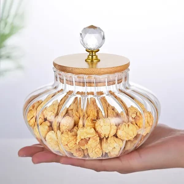 Front view: Ribbed Glass Storage Jar with Wooden Lid for kitchen essentials and kitchen storage from Sesoris