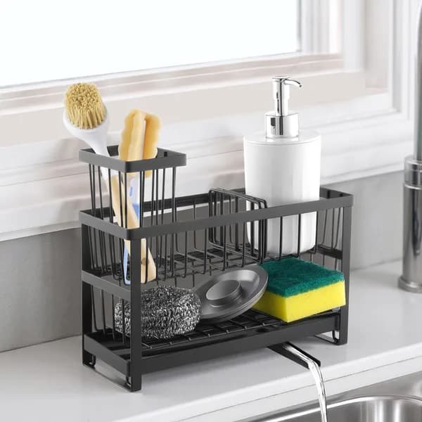 Product detail: Sink Caddy with Brush Holder and Drain Spout, Black for kitchen essentials and kitchen storage from Sesoris