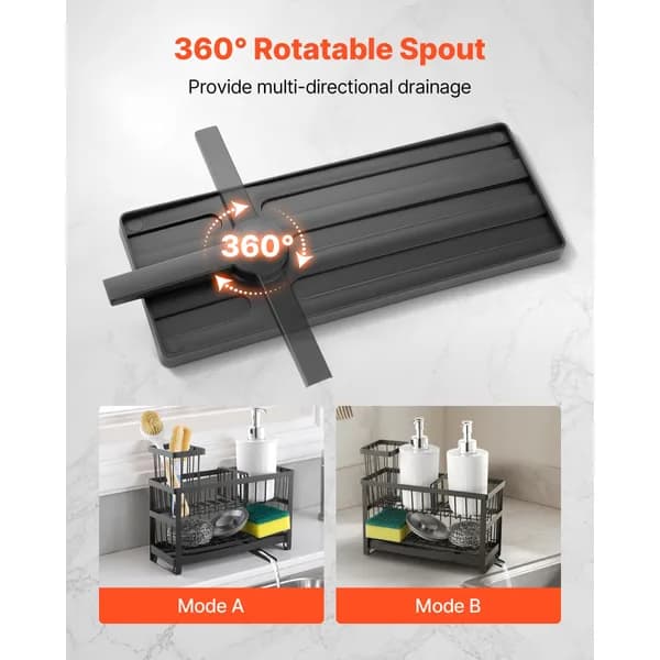 Front view: Sink Caddy with Brush Holder and Drain Spout, Black for kitchen essentials and kitchen storage from Sesoris