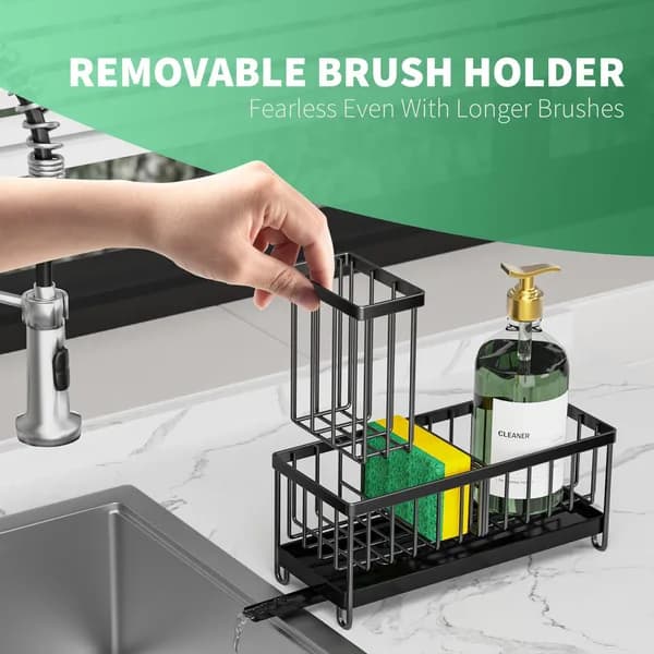 Front view: Sink Caddy with Removable Brush Holder, 9.1 in., Black for kitchen essentials and kitchen storage from Sesoris