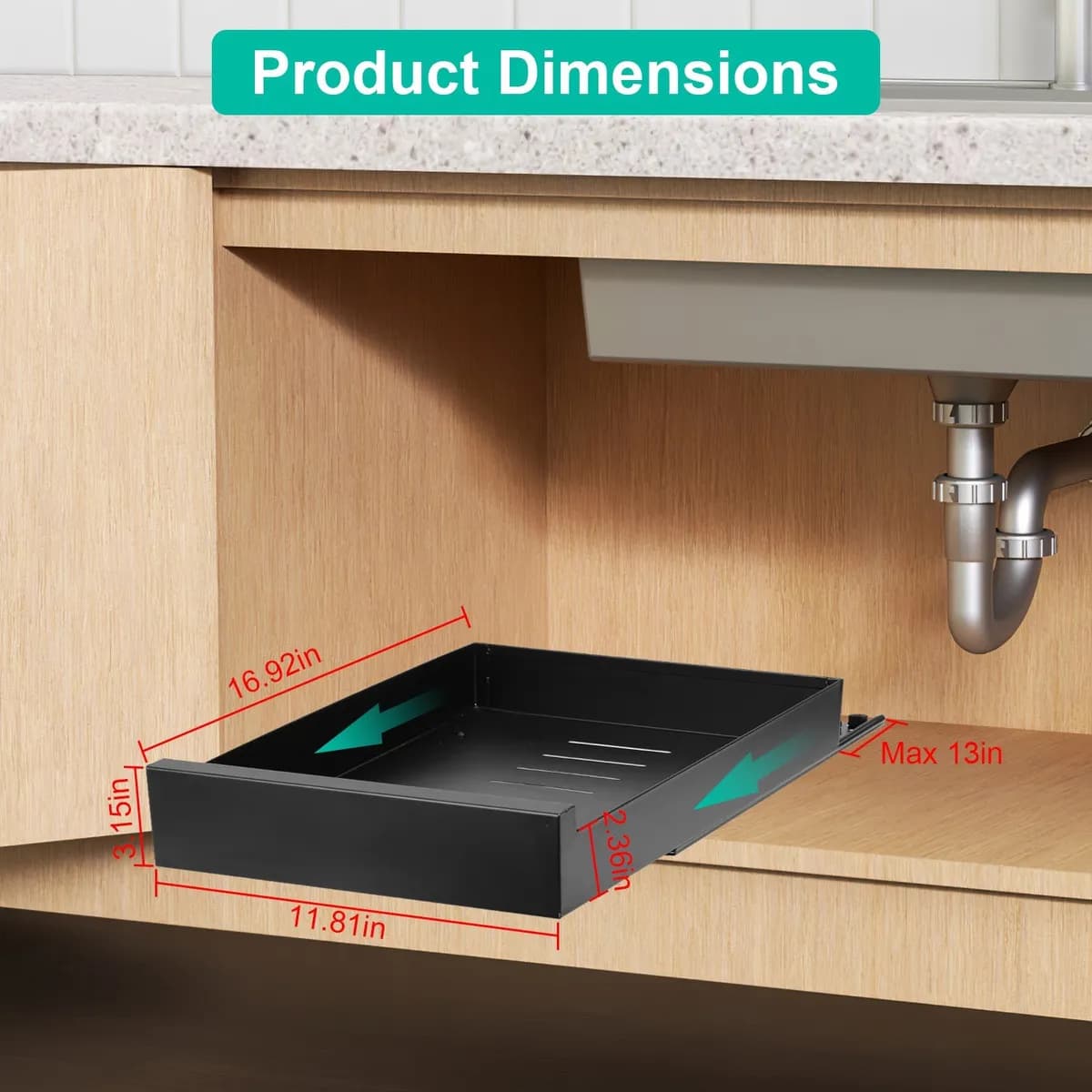 In-use view: Slide-Out Cabinet Drawer, Black Steel for kitchen essentials and kitchen storage from Sesoris