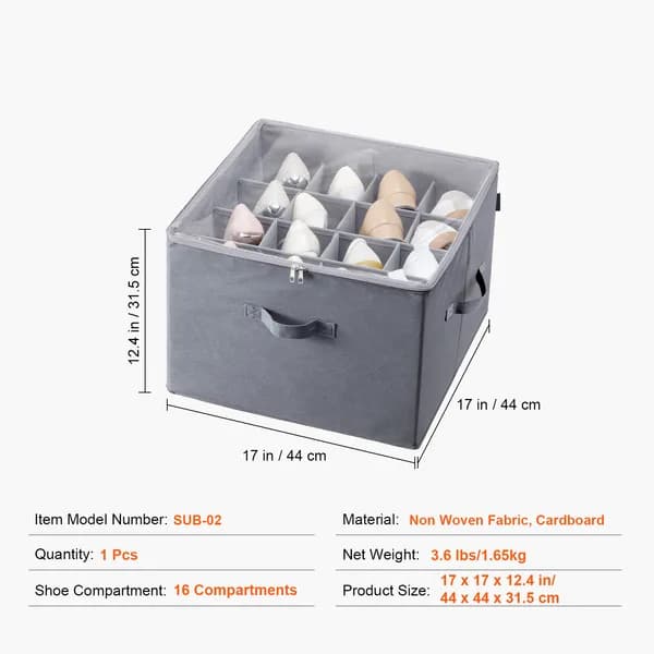 Front view: Under-Bed Shoe Storage Box, 16 Compartments, Gray for home organizers and home decor from Sesoris