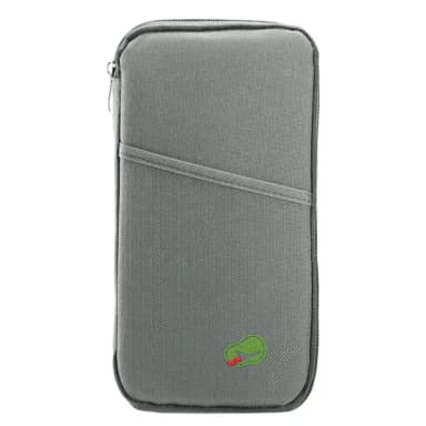 Silver gray fabric travel organizer, closed, with a slanted front pocket and a small embroidered airplane emblem
