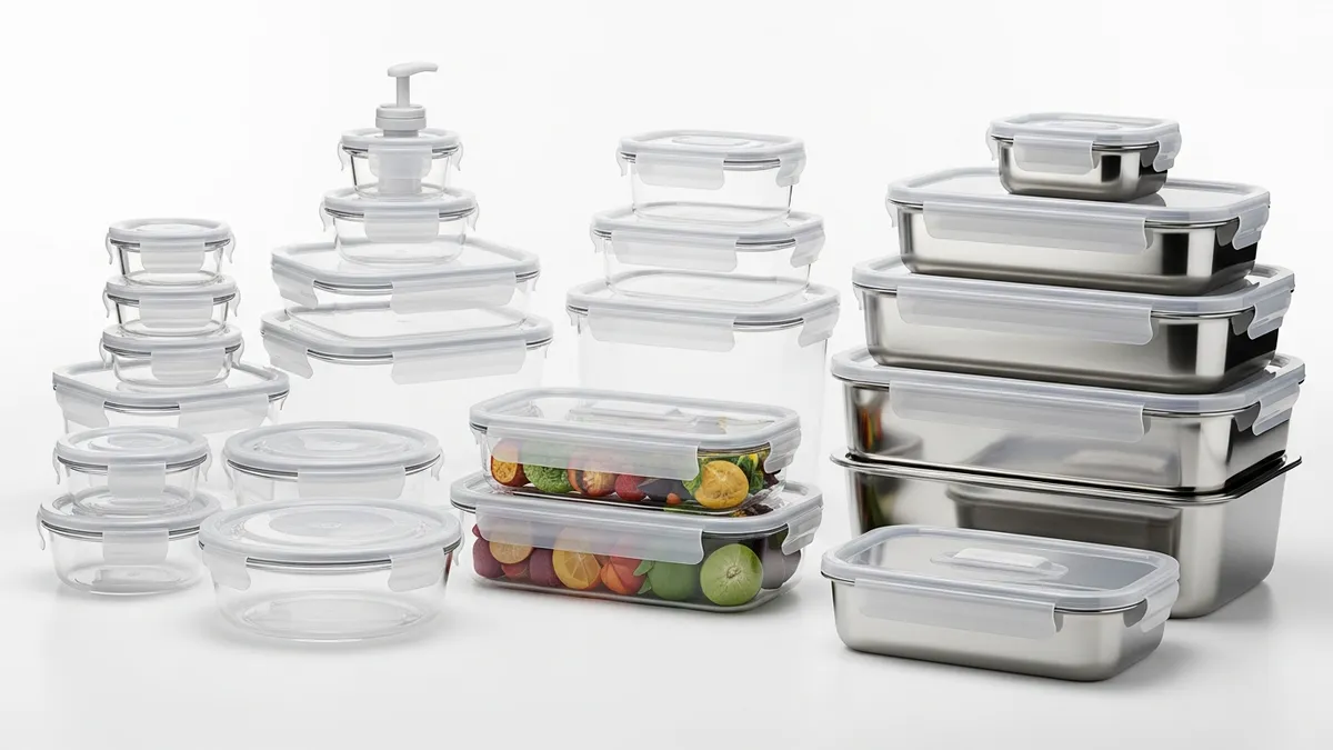 Different types of air tight food storage containers made from glass, plastic, and stainless steel materials