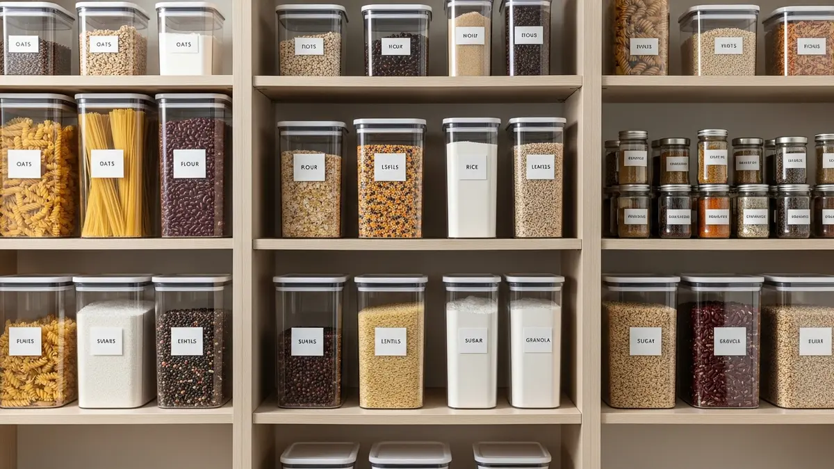 Organized pantry with air tight food storage containers labeled and arranged on shelves