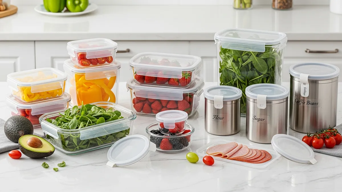 Different types of airtight storage containers for food made from various materials