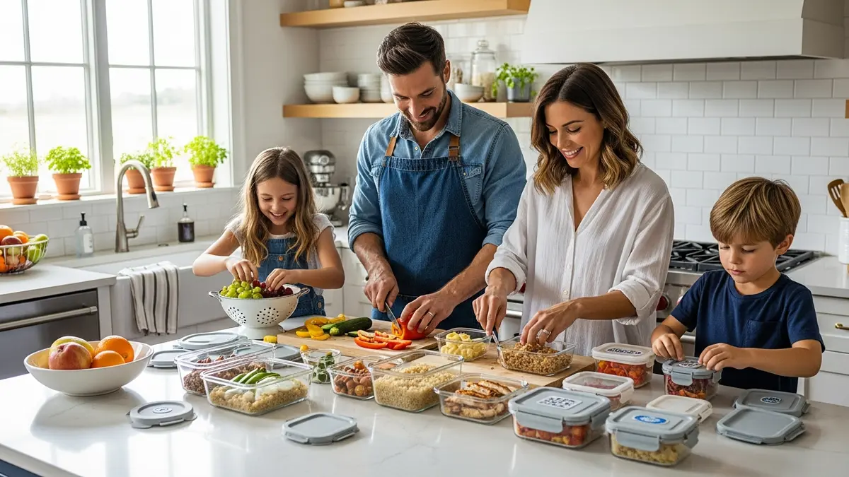 Family using BPA-free food storage containers for meal preparation