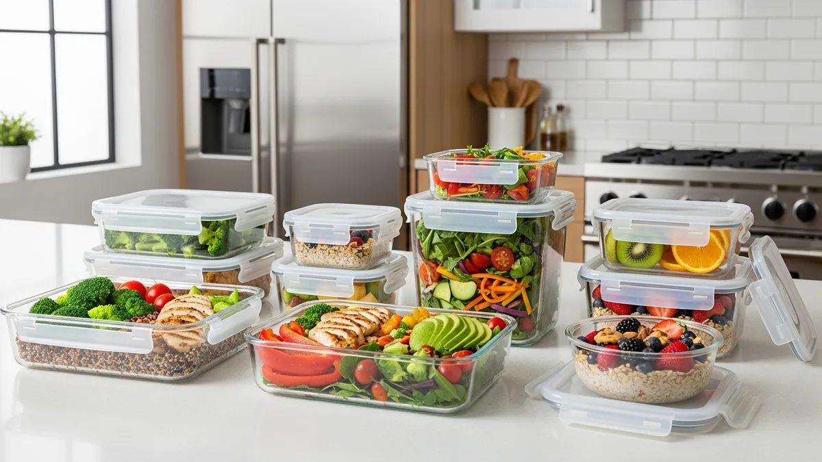 Glass BPA-free food storage containers with various meal prep foods