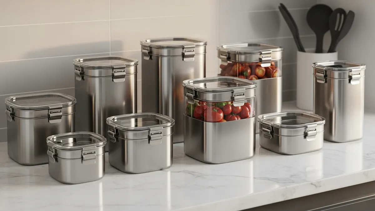 Stainless steel BPA-free food storage containers in modern kitchen