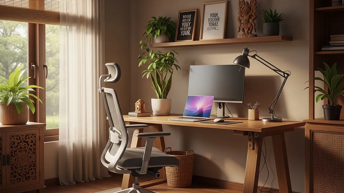 Workspace home office yang nyaman dengan pencahayaan yang baik dan dekorasi motivasi
