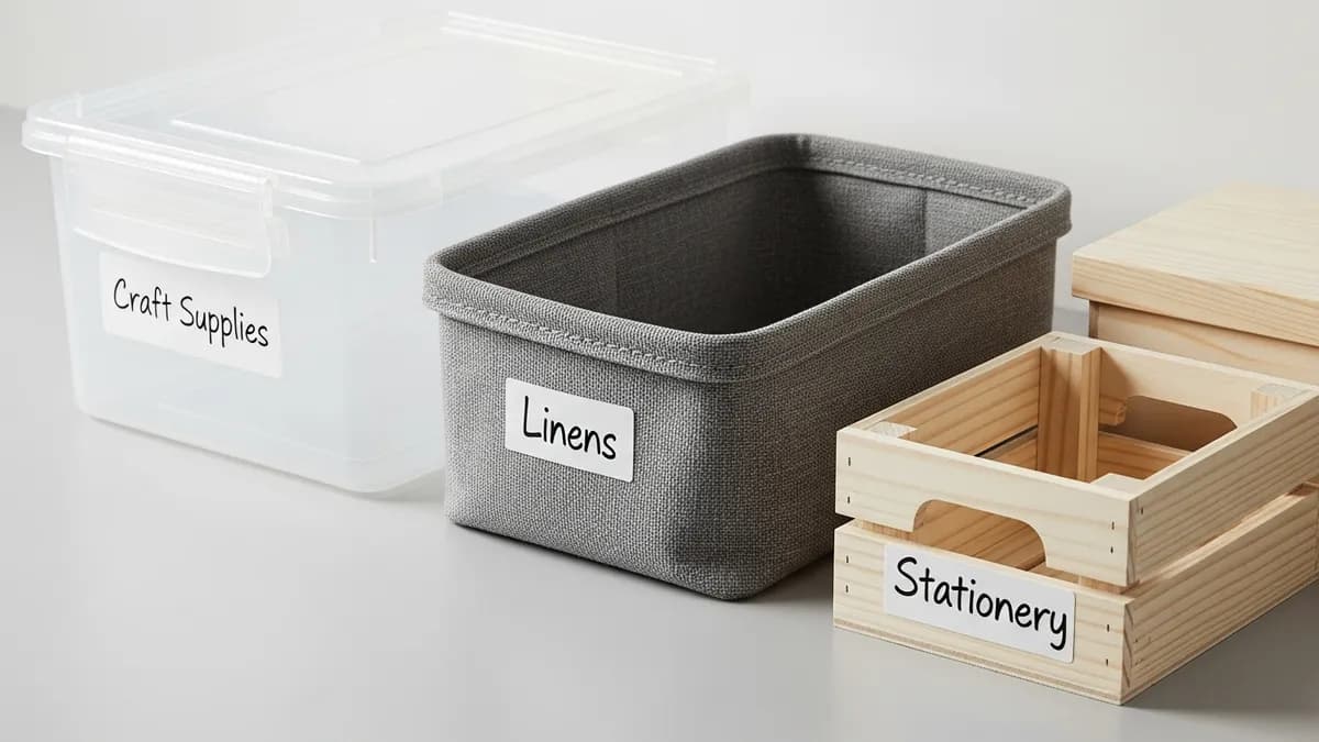 Different types of storage boxes including plastic fabric and wooden containers with labels