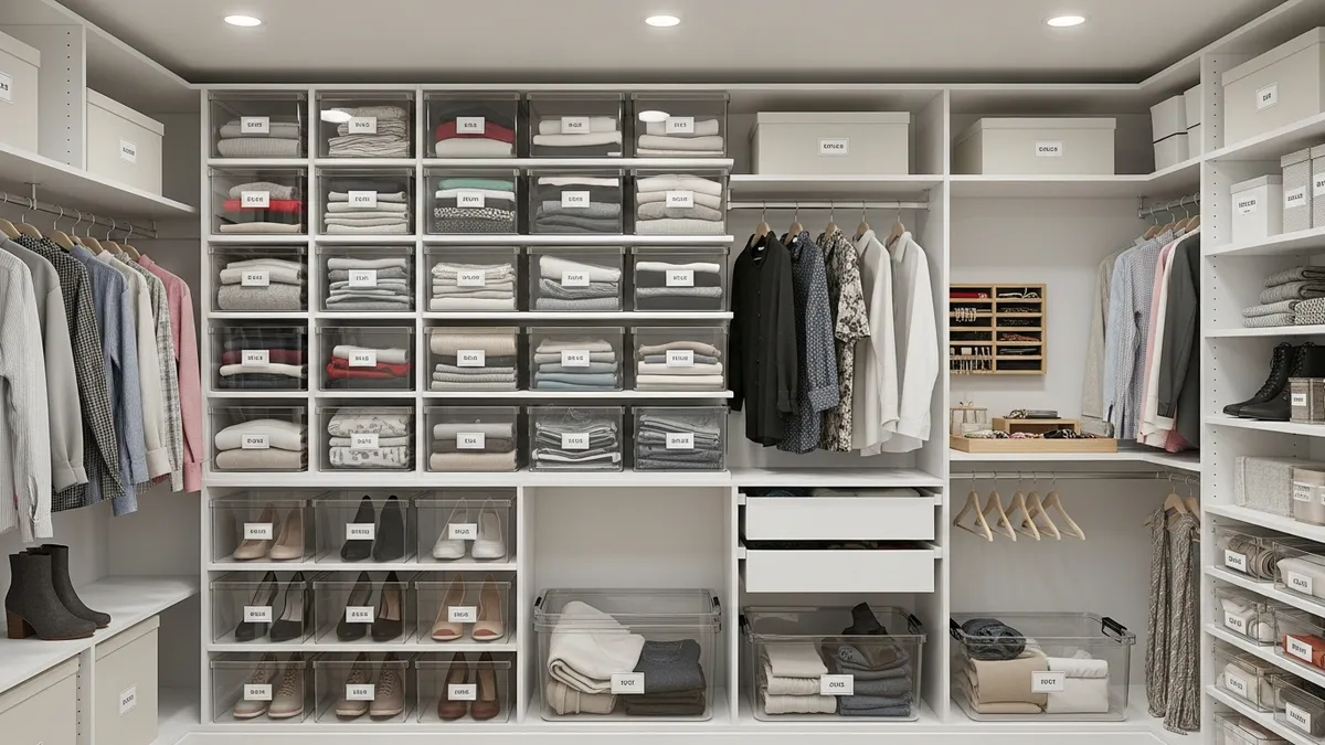 Bedroom closet organization with clear storage boxes for clothes and accessories