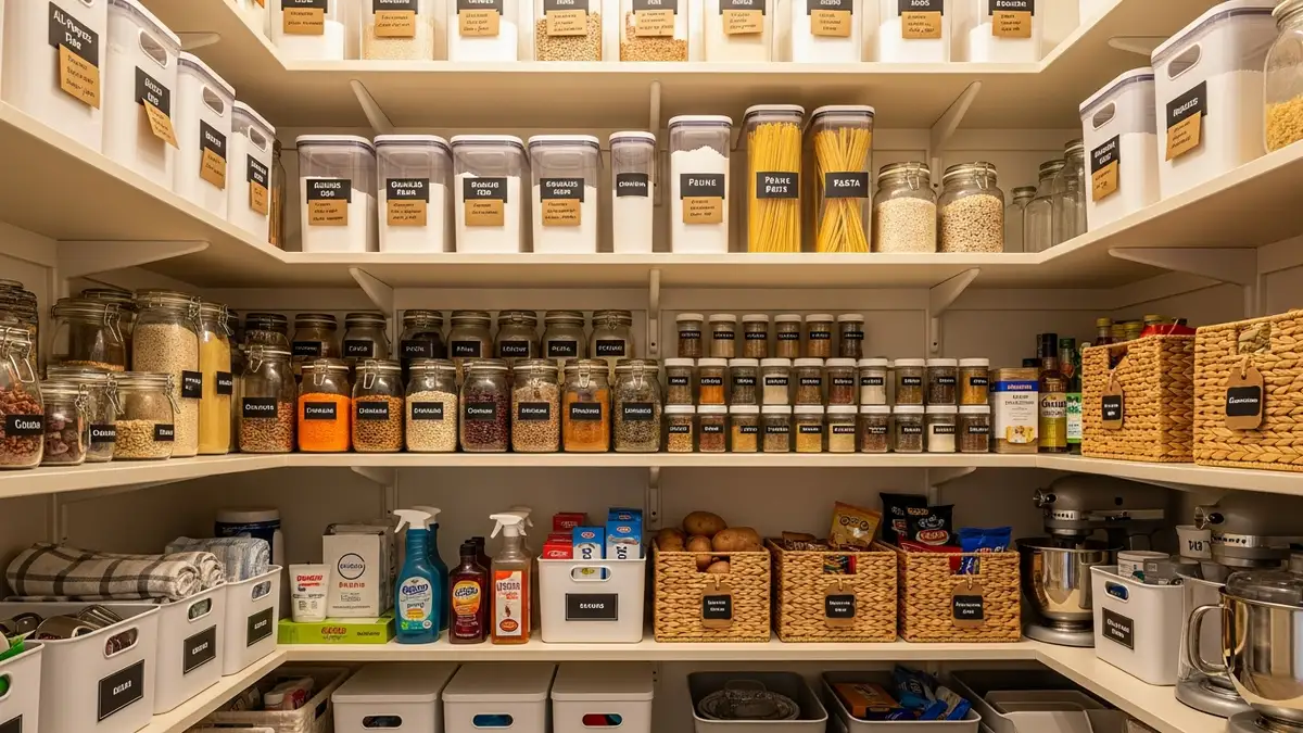 Kitchen pantry organization with labeled storage boxes for food and supplies