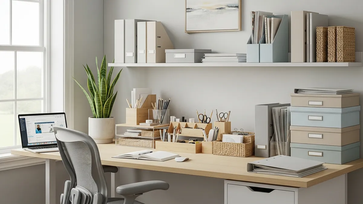 Home office organization with storage boxes and document containers on desk