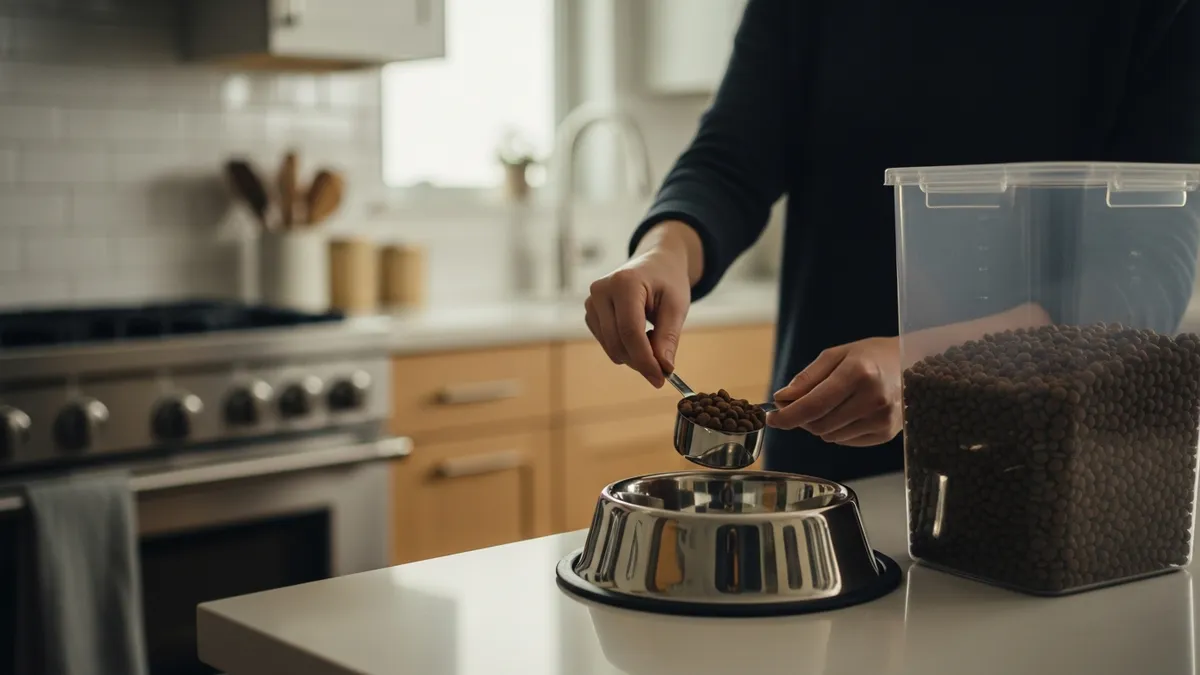 Using containers for dog food storage to measure proper portions for pet feeding