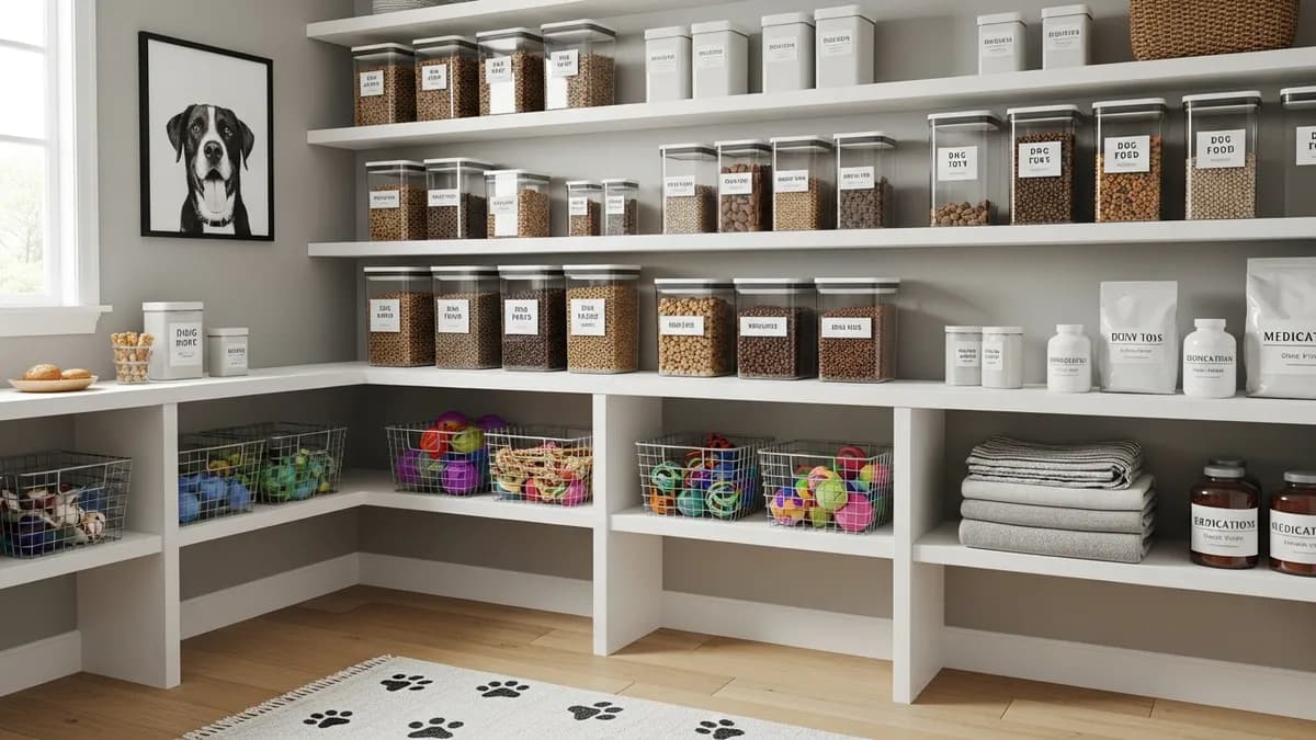 Organized pet pantry showing proper containers for dog food storage and organization