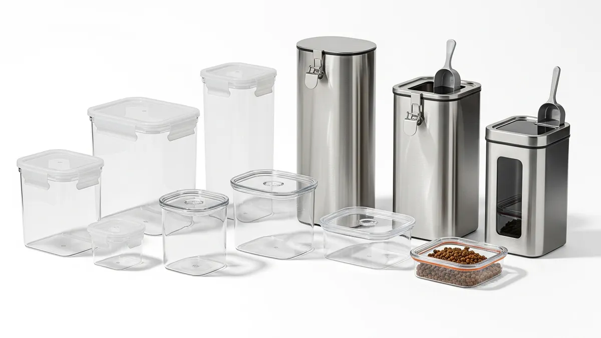 Different types of containers for dog food storage including plastic, glass, and metal options