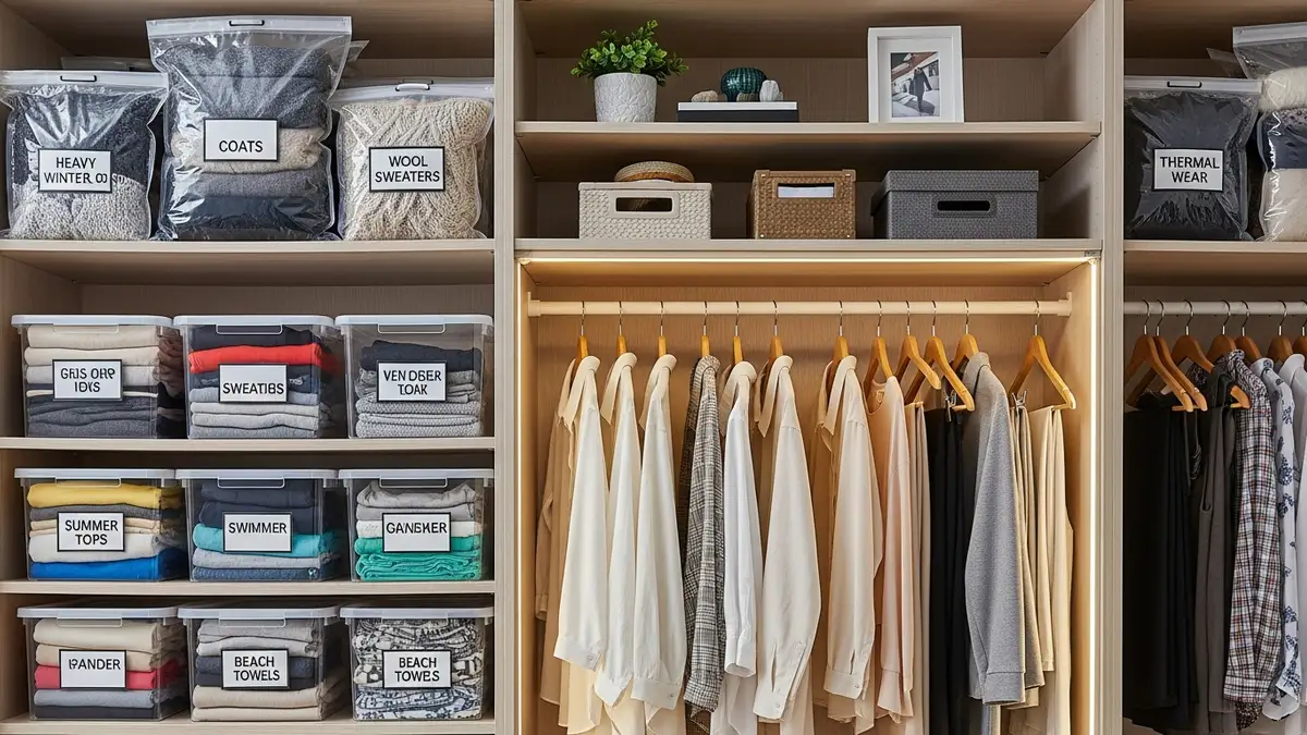 Seasonal closet organization ideas with vacuum storage bags, clear containers, and systematic clothing rotation system