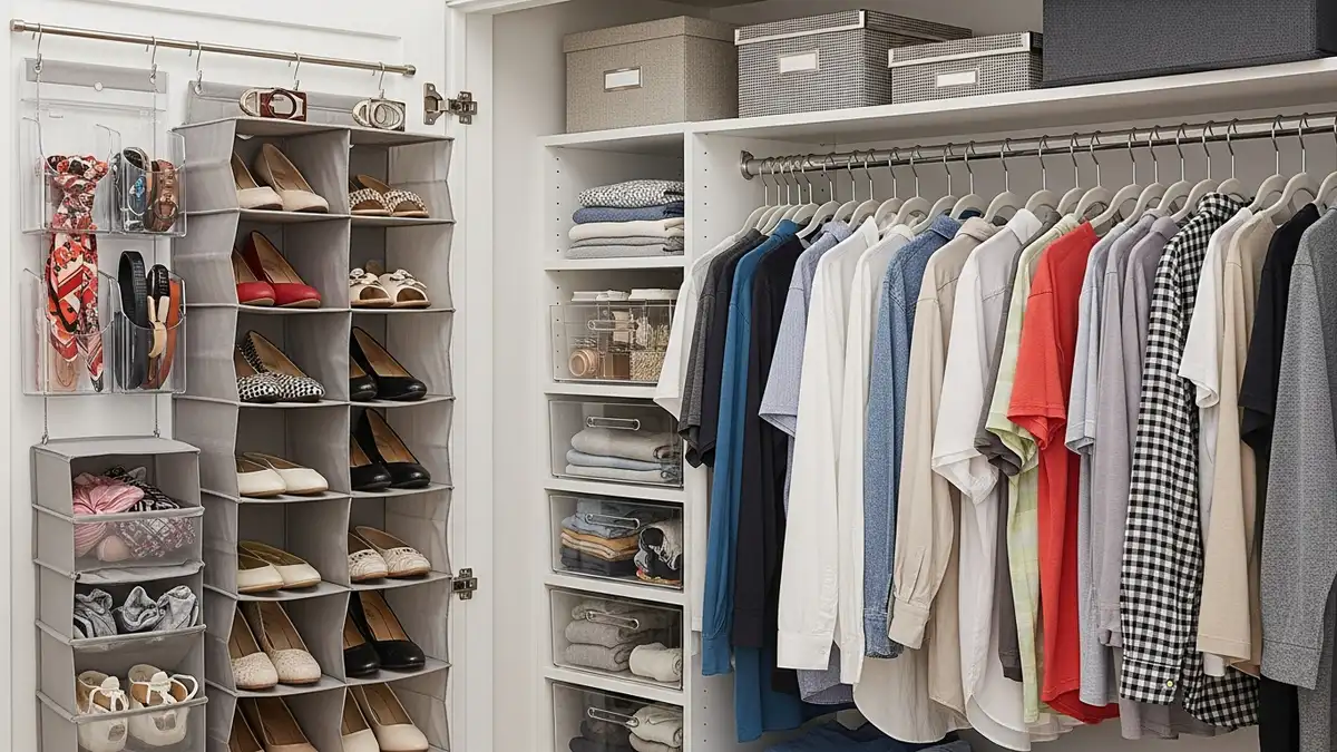Small closet organization ideas featuring door storage, hanging organizers, and space-saving solutions for maximum efficiency
